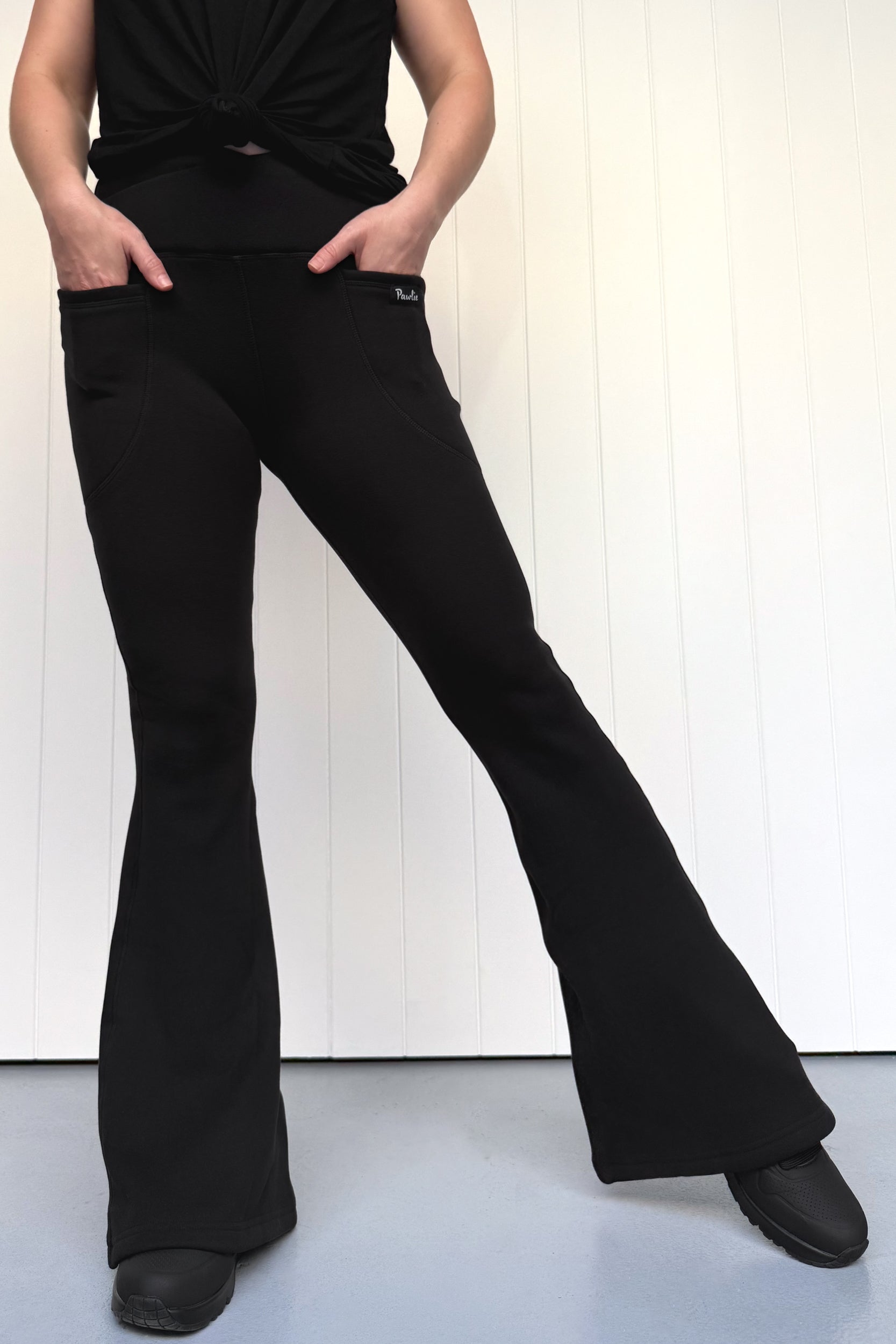 Plain Black - Fleece - Long Flarey Leggings - Pockets