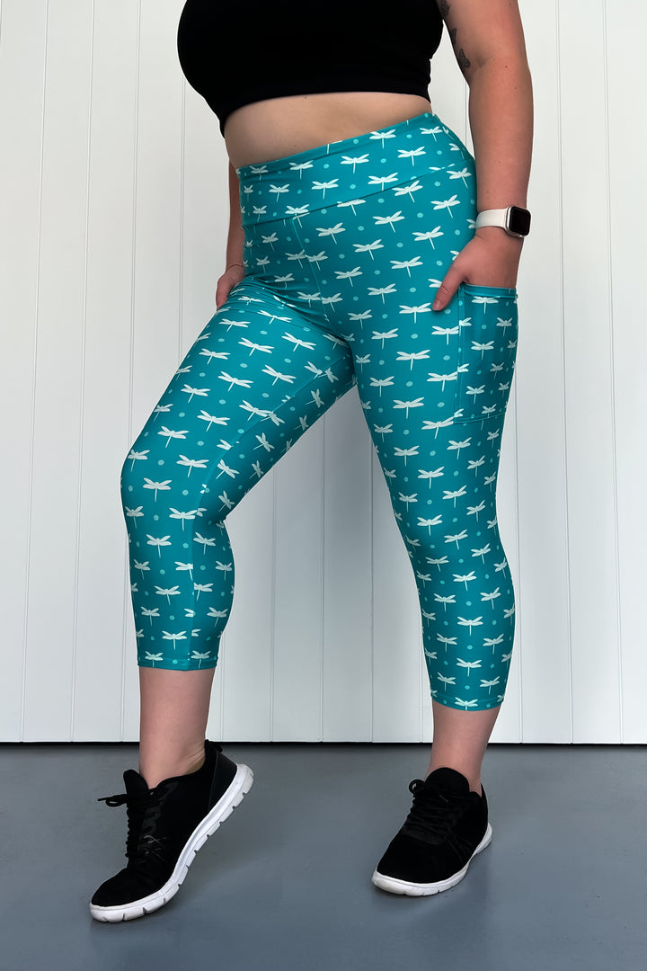 Teal Dragonfly - Casual - Capri Leggings - Pockets