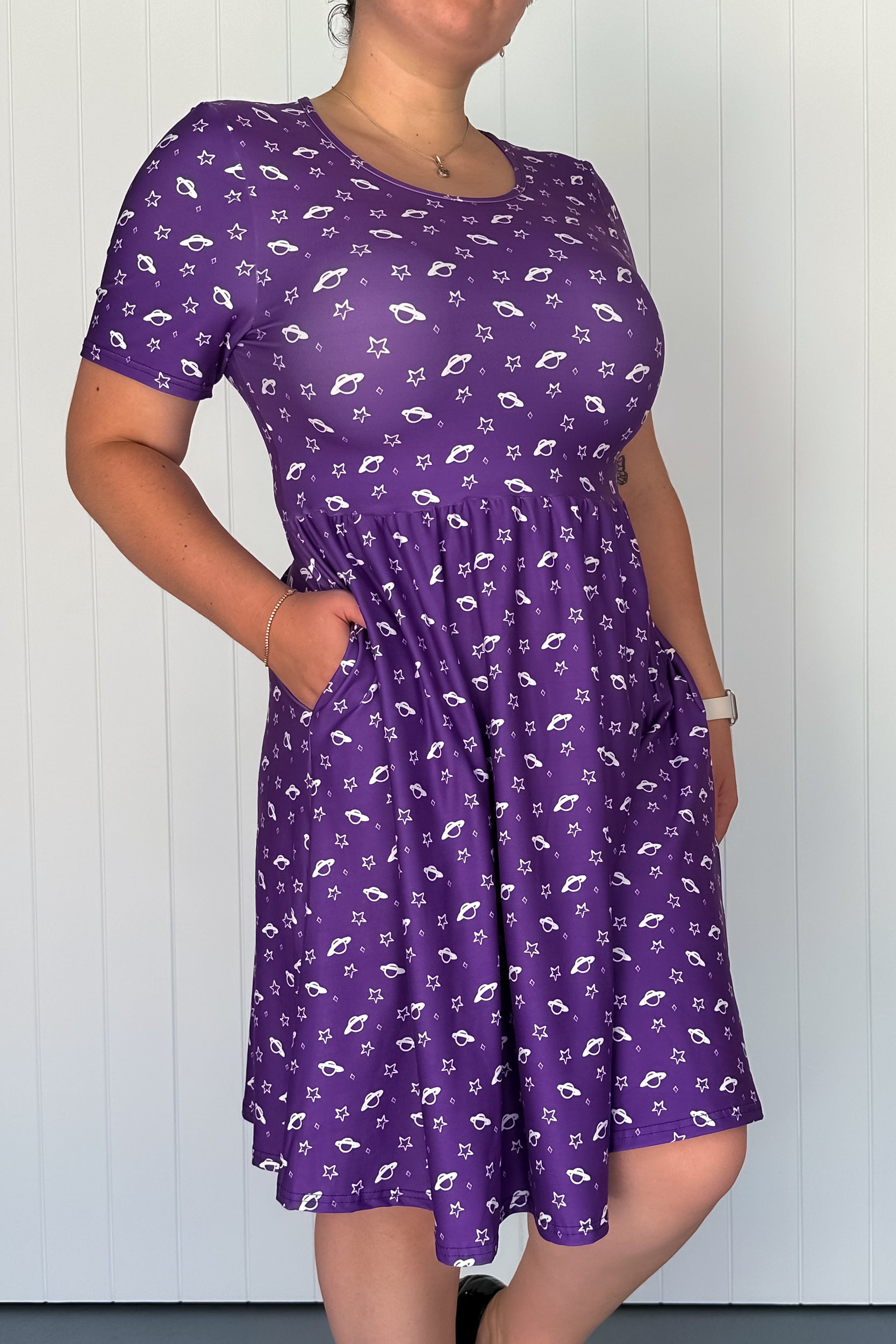 Purple Saturn - Knee Length Dress - Short Sleeve - Pockets
