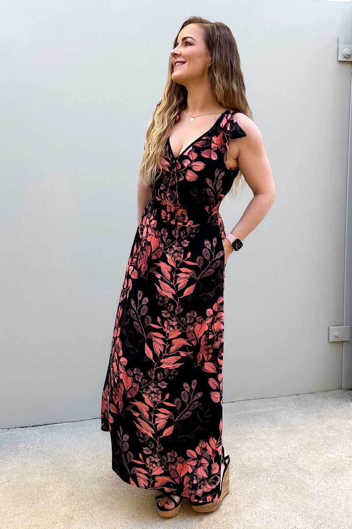 Azalea Maxi Dress - Vintage Watercolour Leaves - Pockets