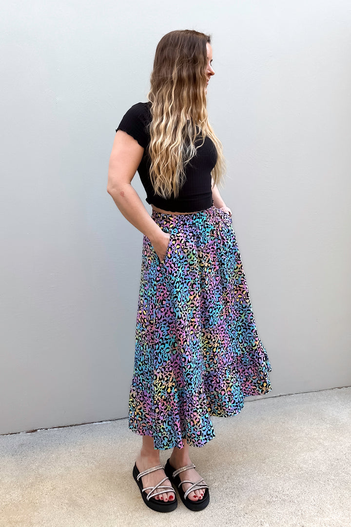 Zinnia Midi Skirt - Vivid Leopard - Pockets