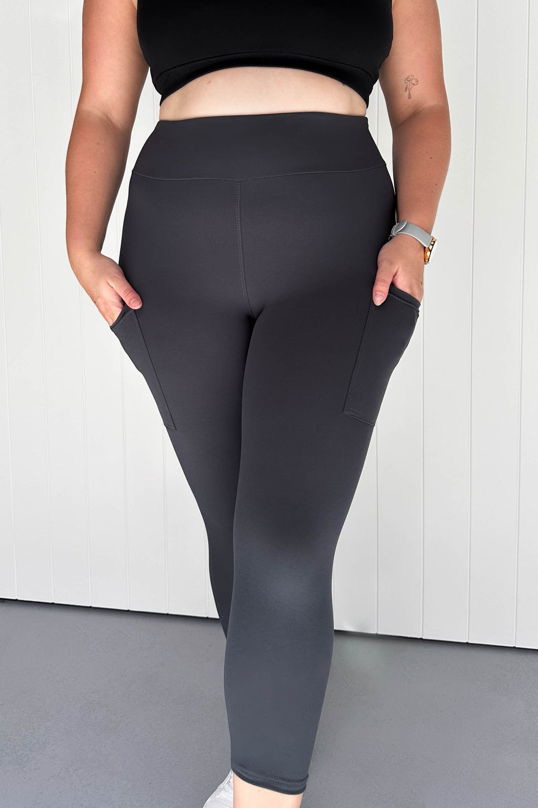 Plain Charcoal - Casual - Capri Leggings - Pockets