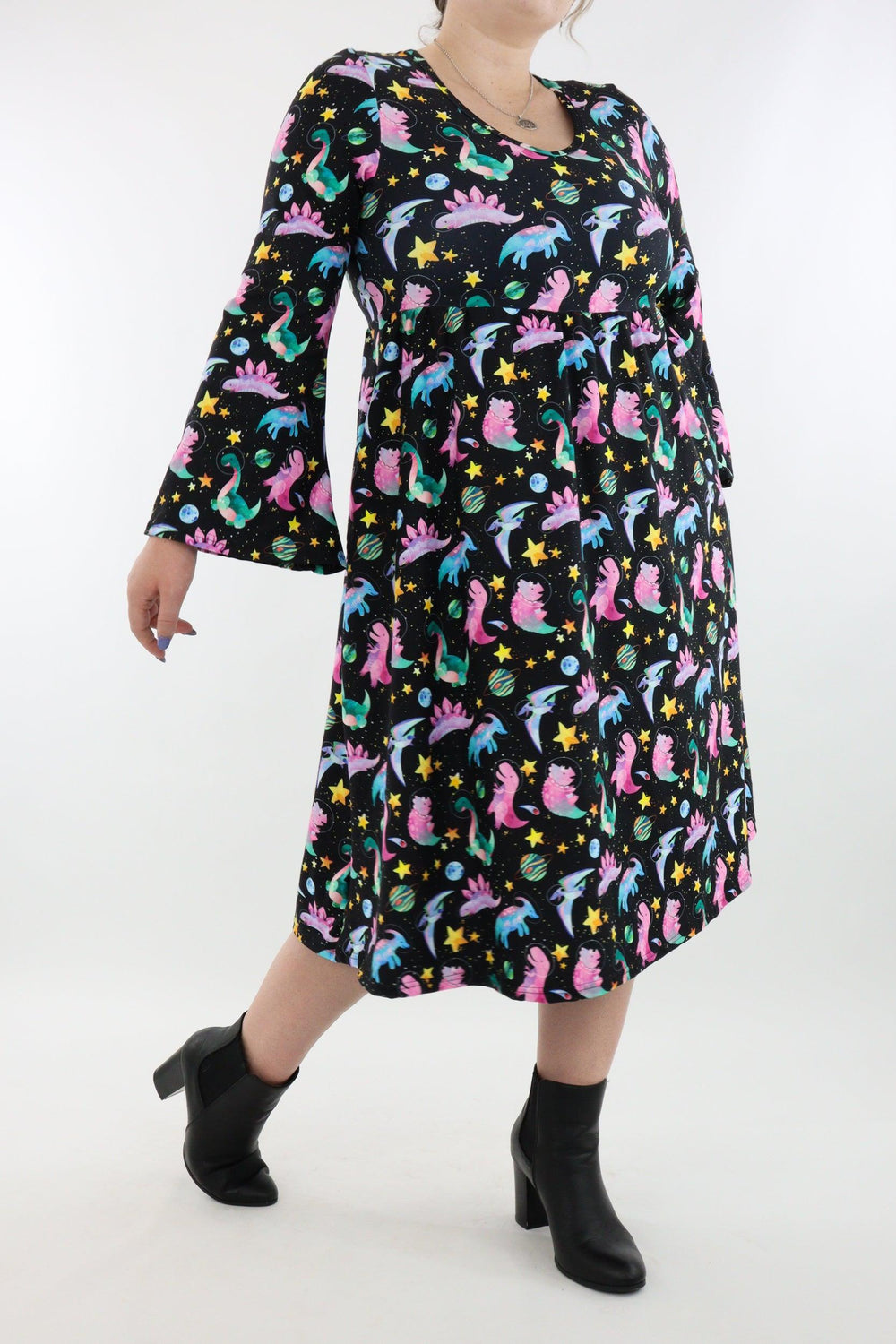 Space Dinosaurs - Midi Length Dress - Bell Sleeve - Pockets - Pawlie