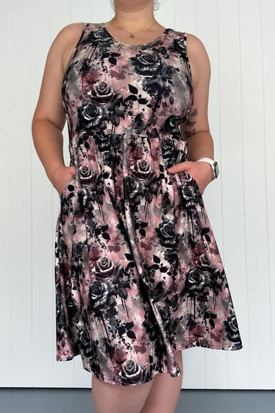 Grunge N Roses - Sleeveless Knee Length Dress - Side Pockets