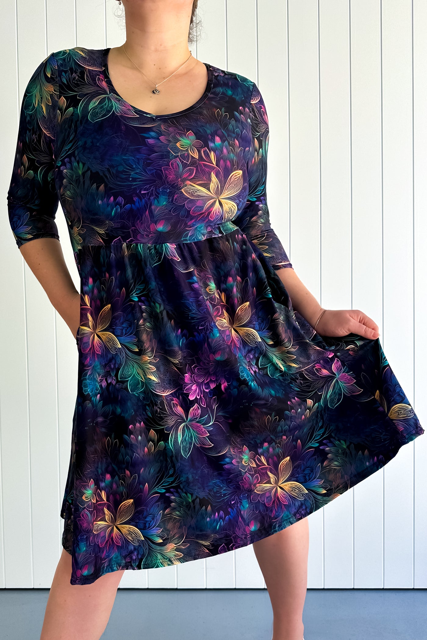 Spectral Garden - 3/4 Sleeve Skater Dress - Knee Length - Pockets