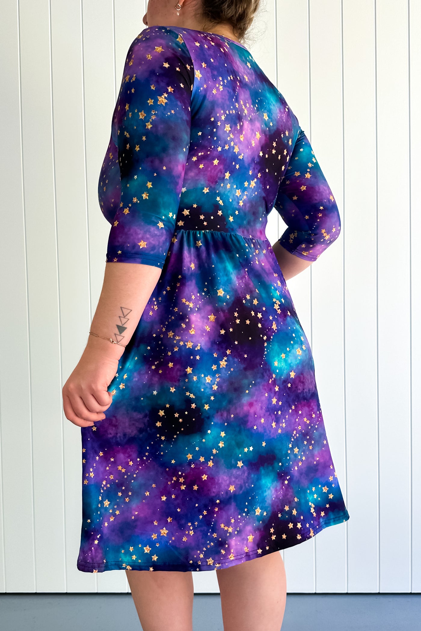 Universe Shimmer - 3/4 Sleeve Skater Dress - Knee Length - Pockets