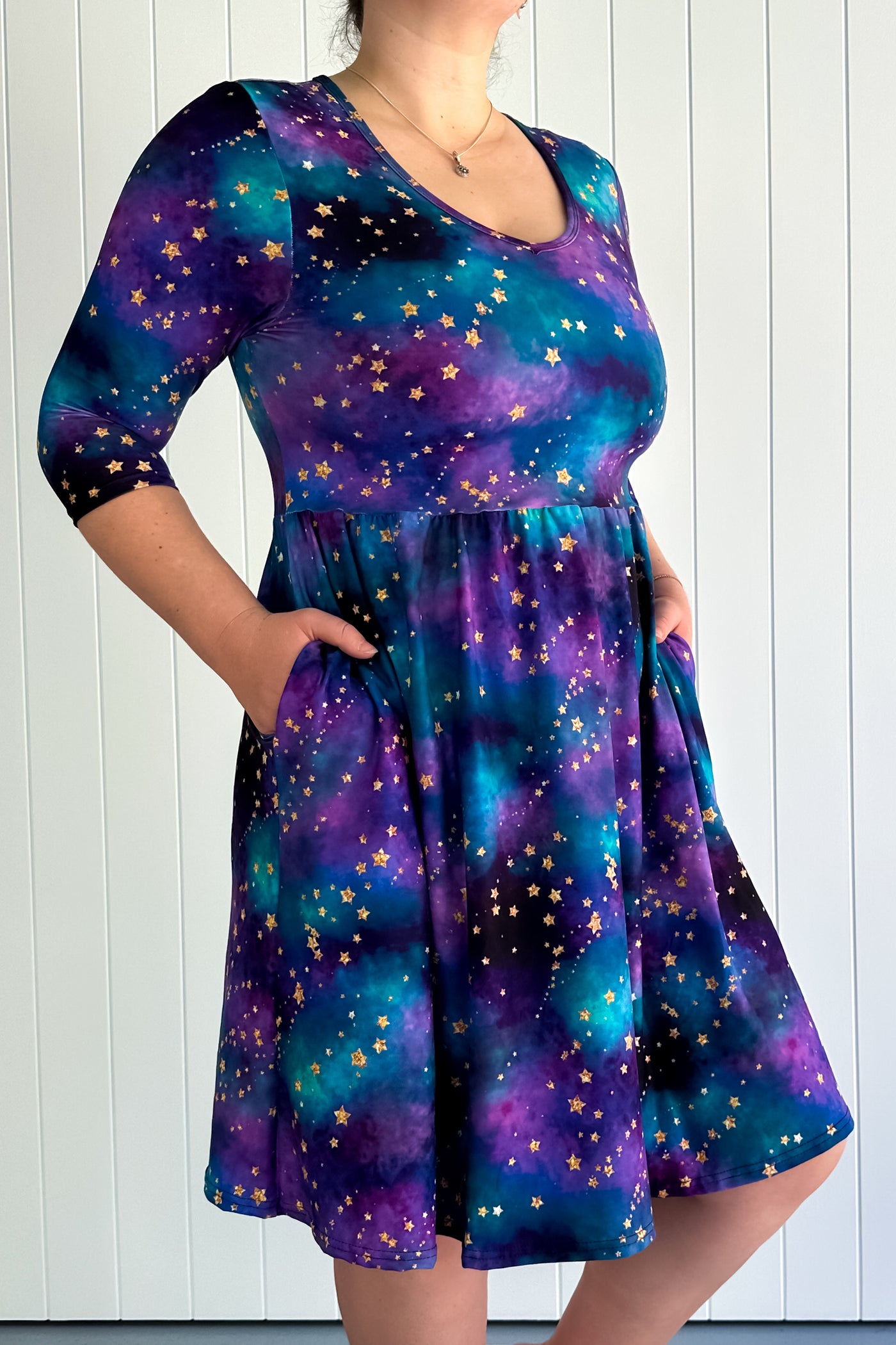 Universe Shimmer - 3/4 Sleeve Skater Dress - Knee Length - Pockets