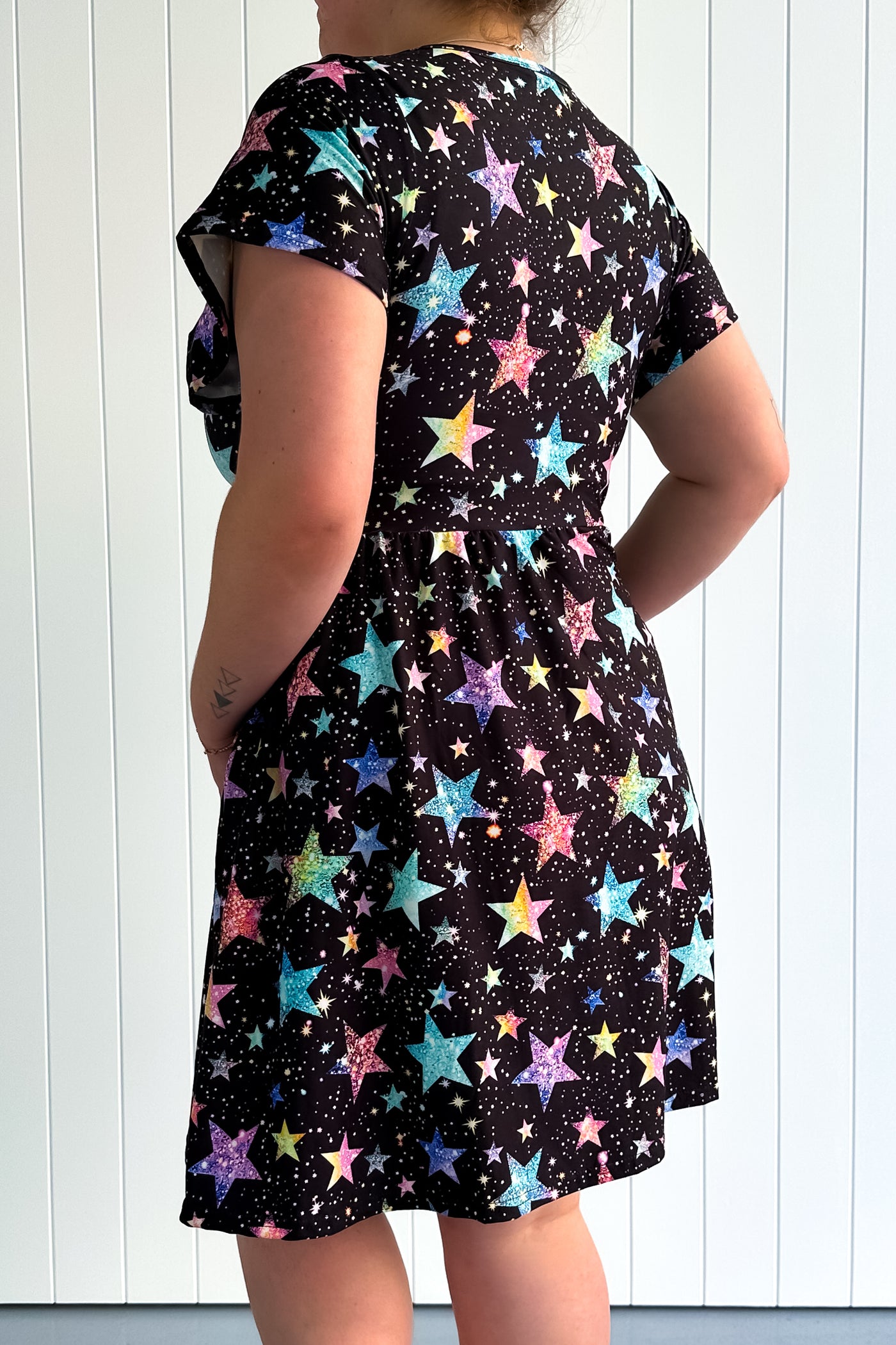 Sparkle Stars - Mini Dress - Flutter Sleeve - Pockets