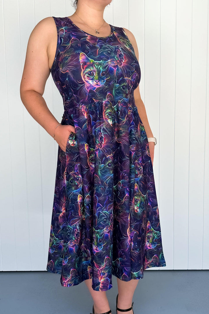 Holographic Kitty - Sleeveless Midi Dress - Pockets