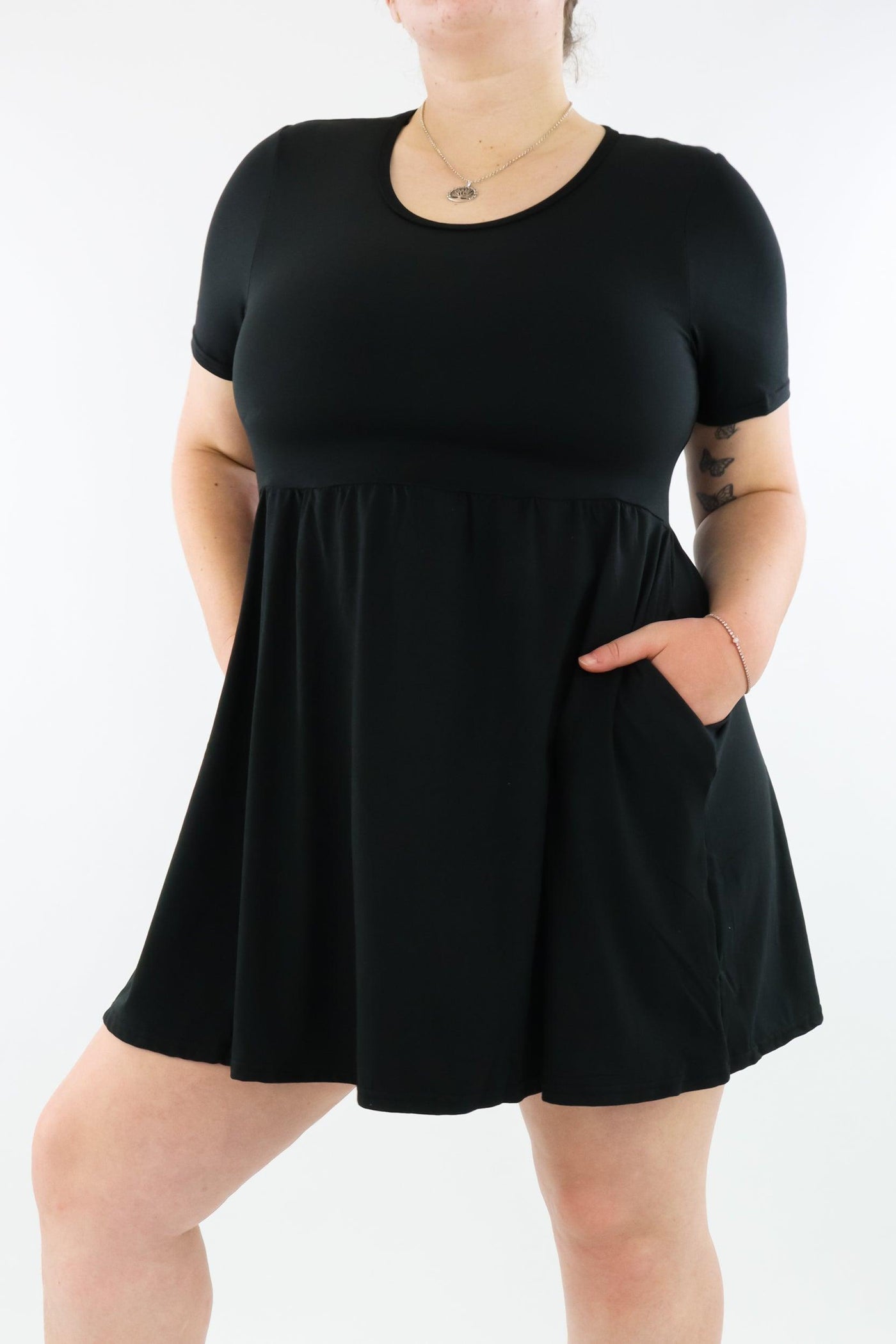 Black - Mini Dress - Short Sleeve - Pockets