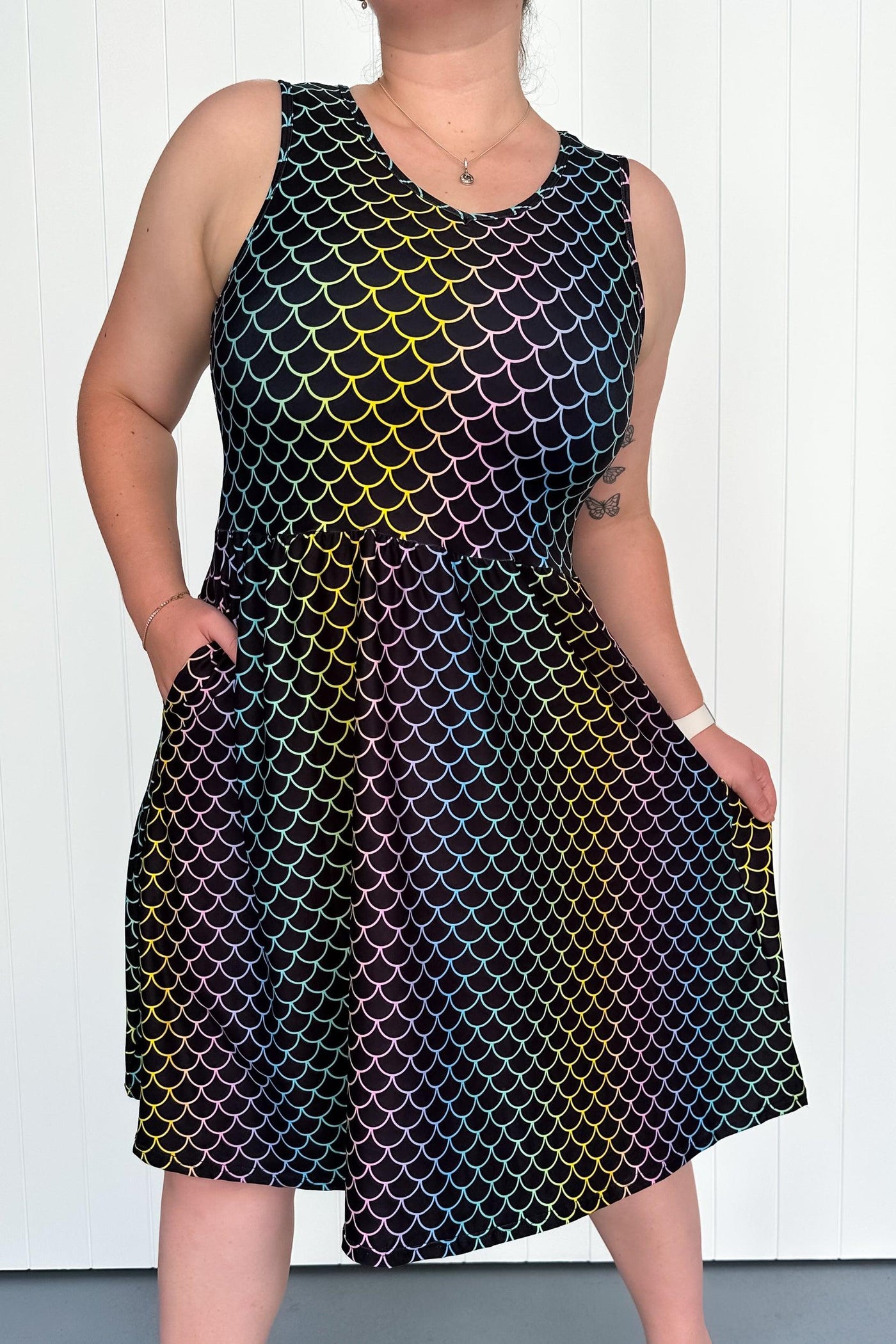 Rainbow Mermaid - Sleeveless Knee Length Dress - Side Pockets