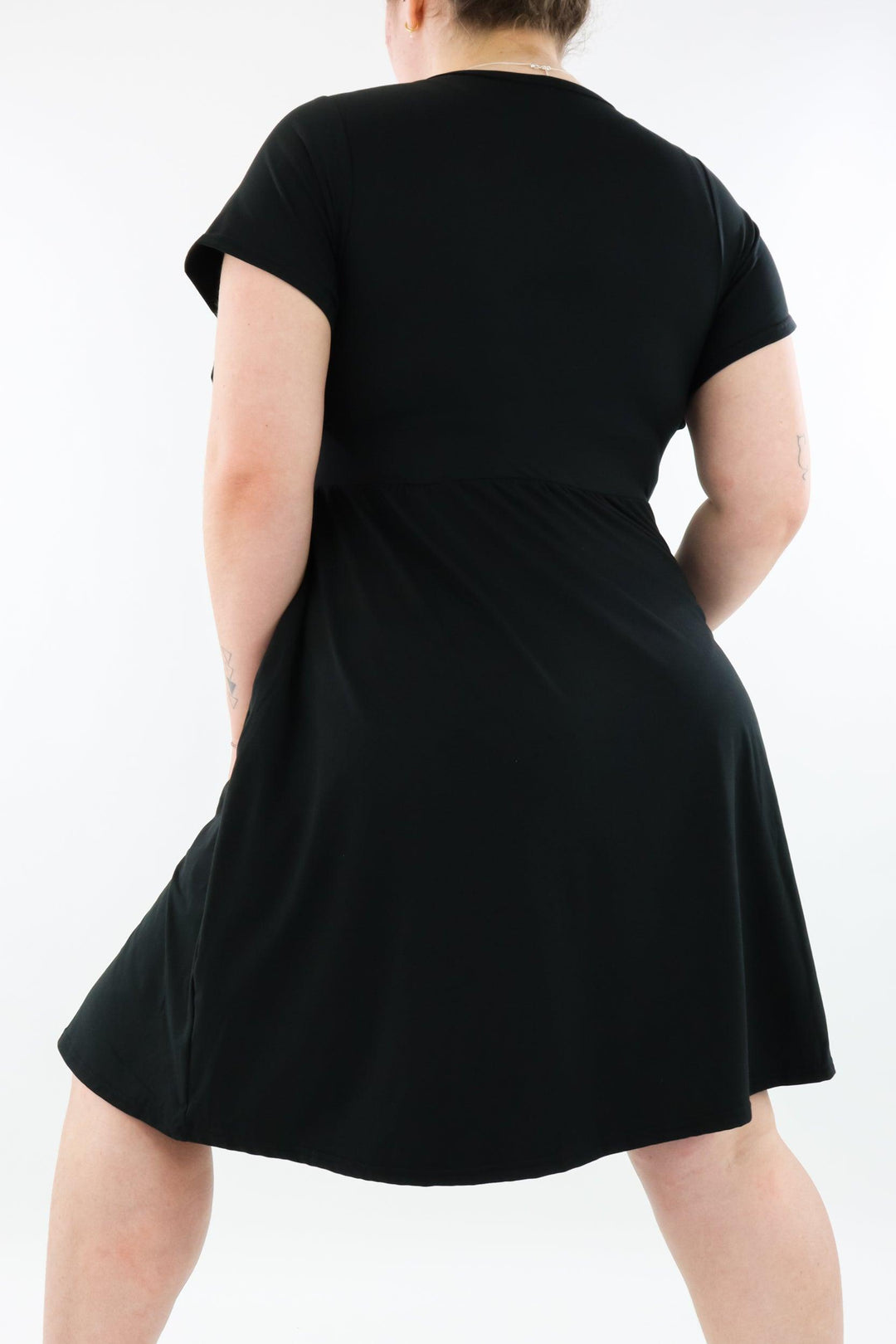 Black - Flutter Sleeve Skater Dress - Knee Length - Pockets