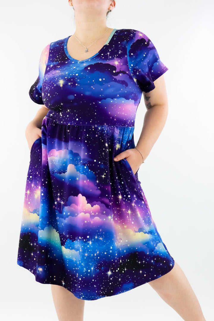 Twilight Sky - Flutter Sleeve Skater Dress - Knee Length - Pockets