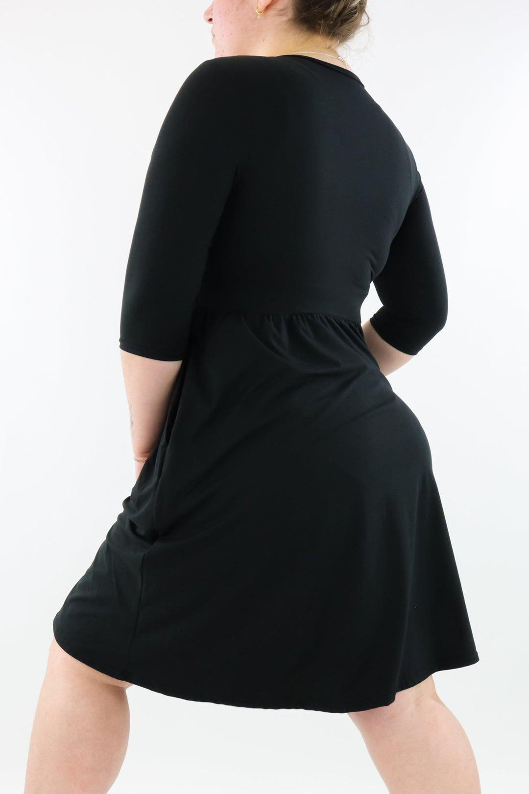 Black - 3/4 Sleeve Skater Dress - Knee Length - Pockets