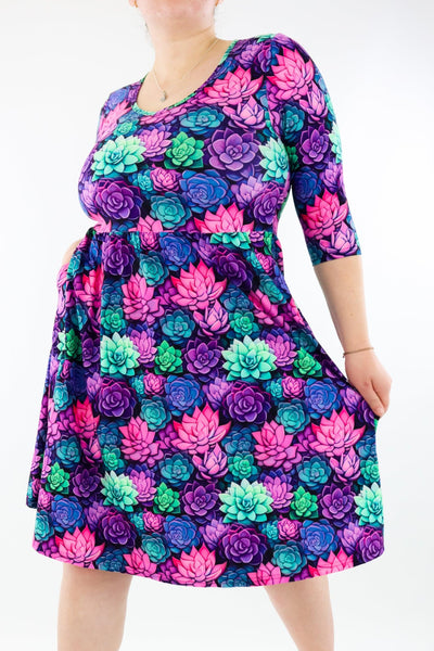 Succulents - 3/4 Sleeve Skater Dress - Knee Length - Pockets