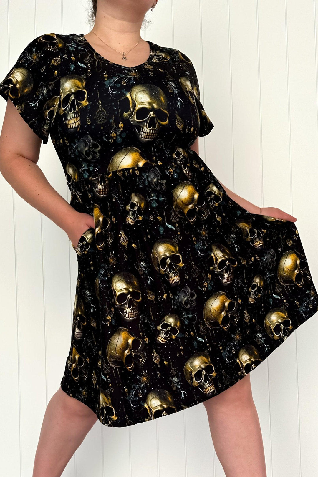 Skull Trinkets - Flutter Sleeve Skater Dress - Knee Length - Pockets