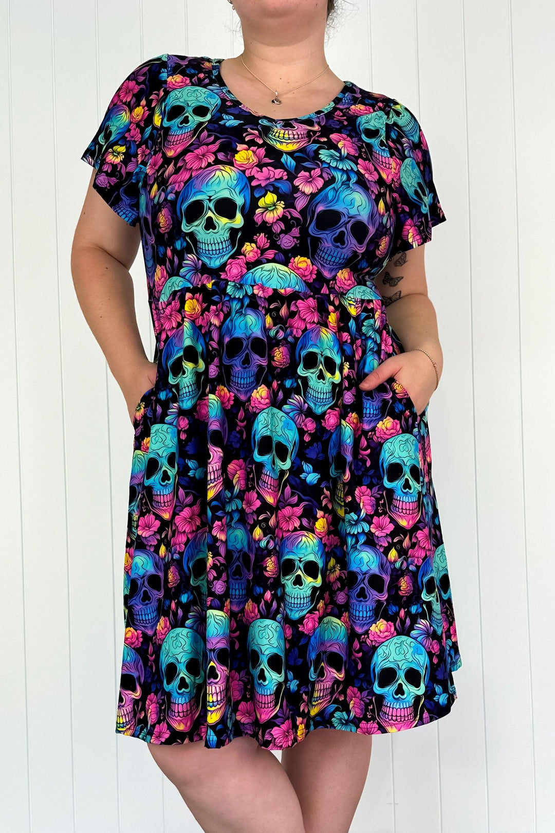 Full of Spirit - Flutter Sleeve Skater Dress - Knee Length - Pockets