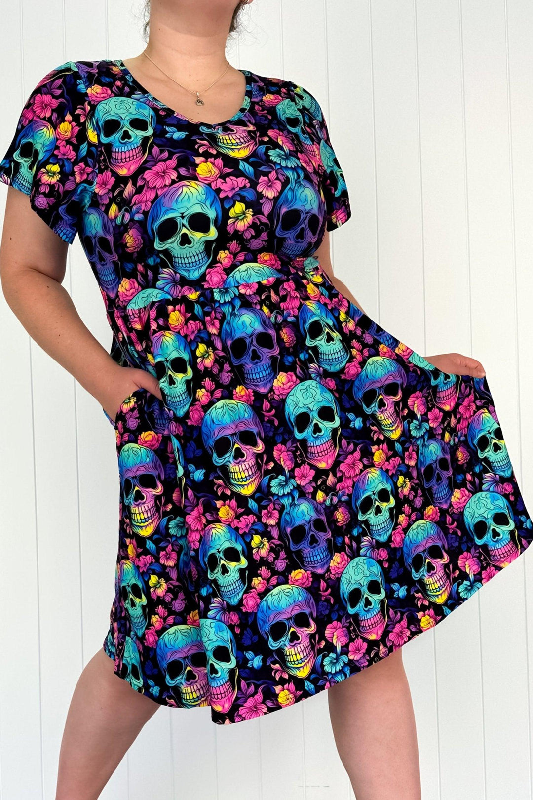 Full of Spirit - Flutter Sleeve Skater Dress - Knee Length - Pockets