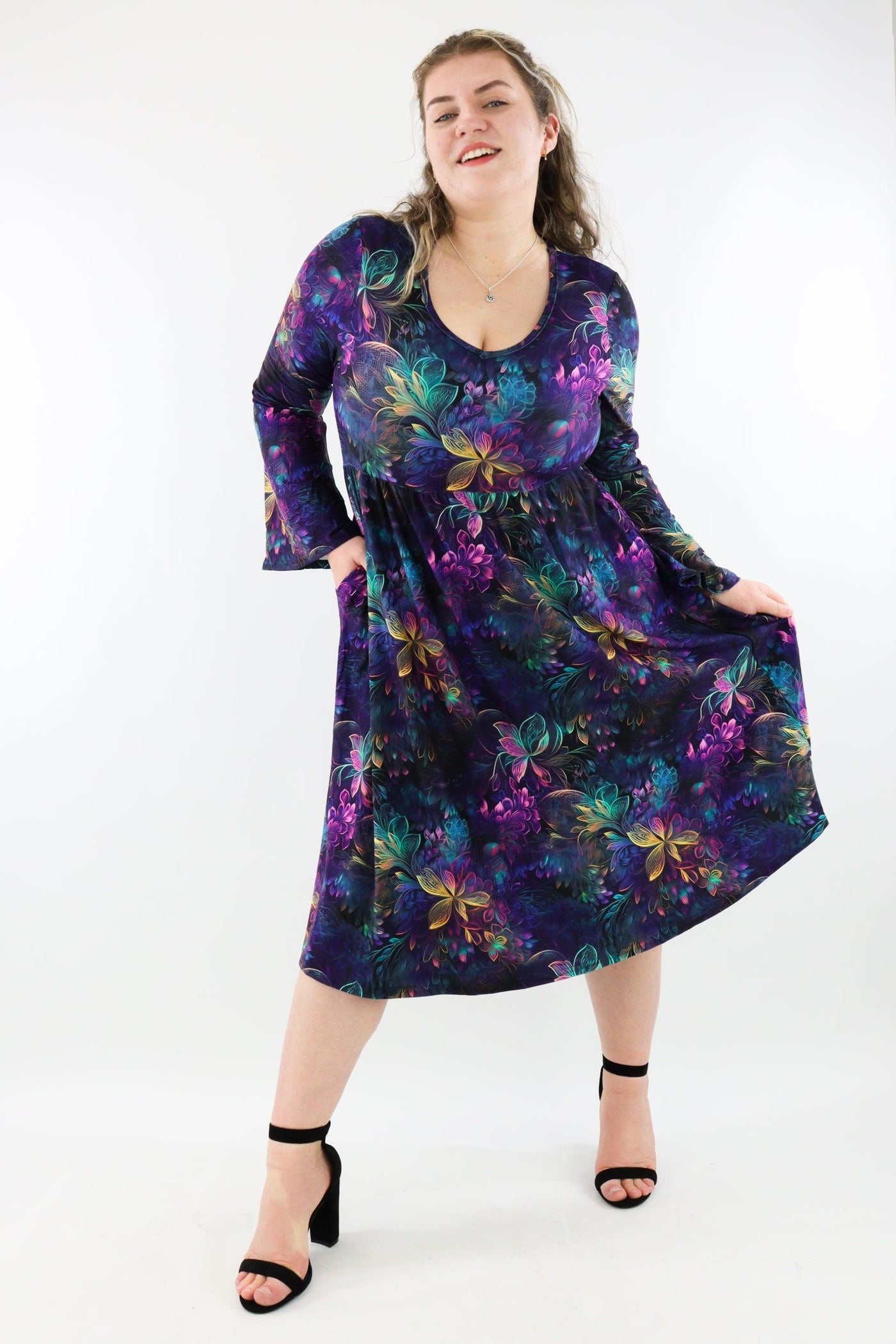 Spectral Garden - Midi Length Dress - Bell Sleeve - Pockets