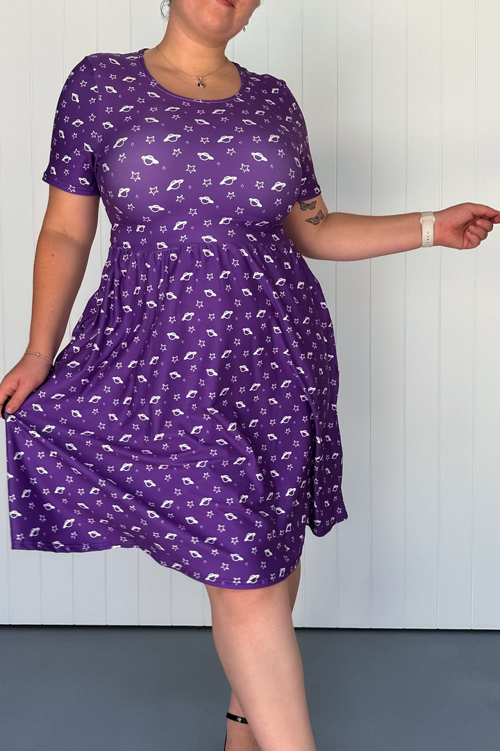 Purple Saturn - Knee Length Dress - Short Sleeve - Pockets