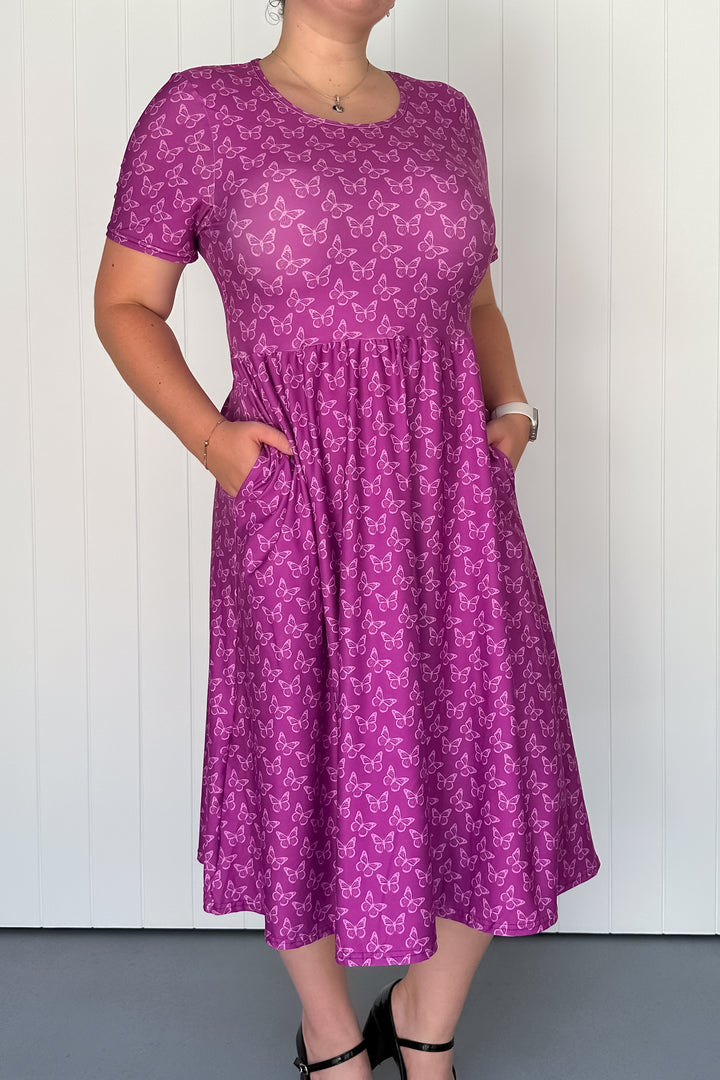 Rich Purple Butterflies - Midi Dress - Short Sleeve - Pockets