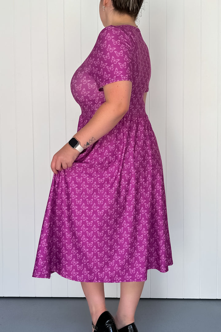 Rich Purple Butterflies - Midi Dress - Short Sleeve - Pockets