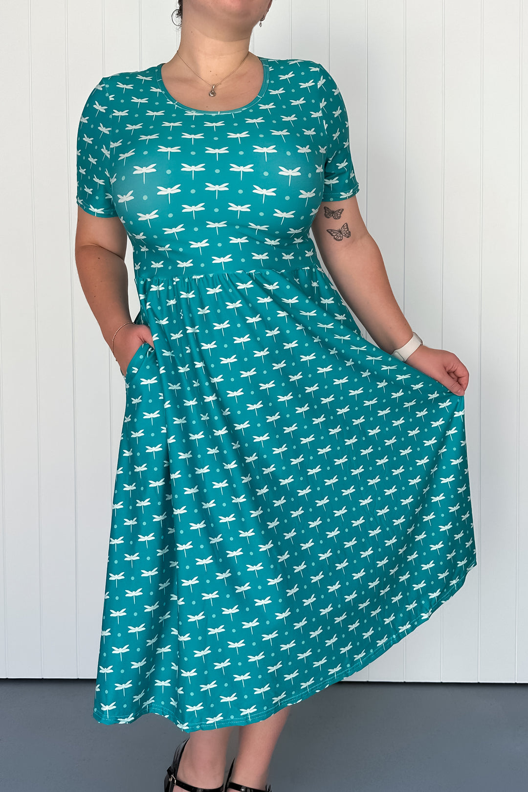 Teal Dragonfly - Midi Dress - Short Sleeve - Pockets