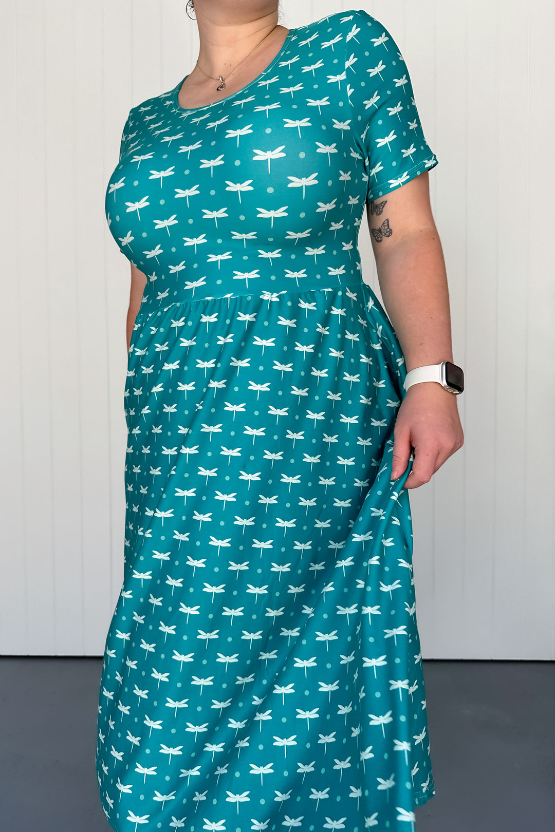 Teal Dragonfly - Midi Dress - Short Sleeve - Pockets