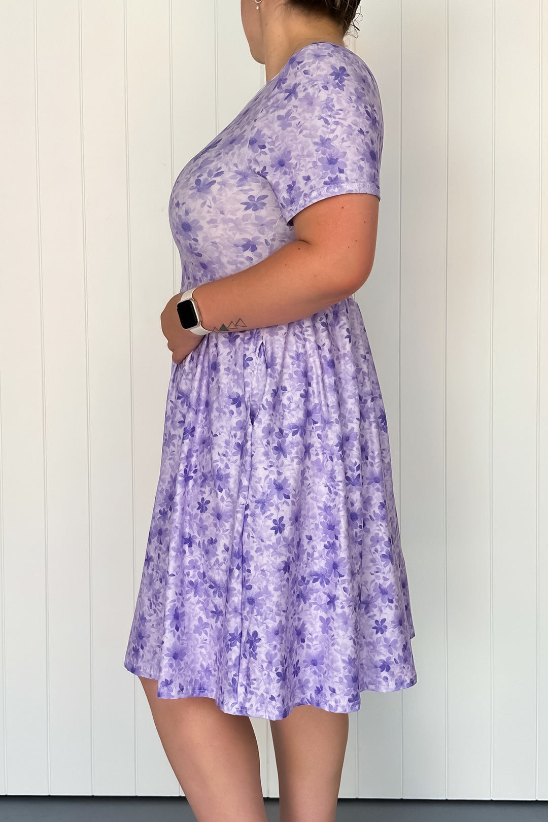 Purple Meadow Mist - Knee Length Dress - Short Sleeve - Pockets