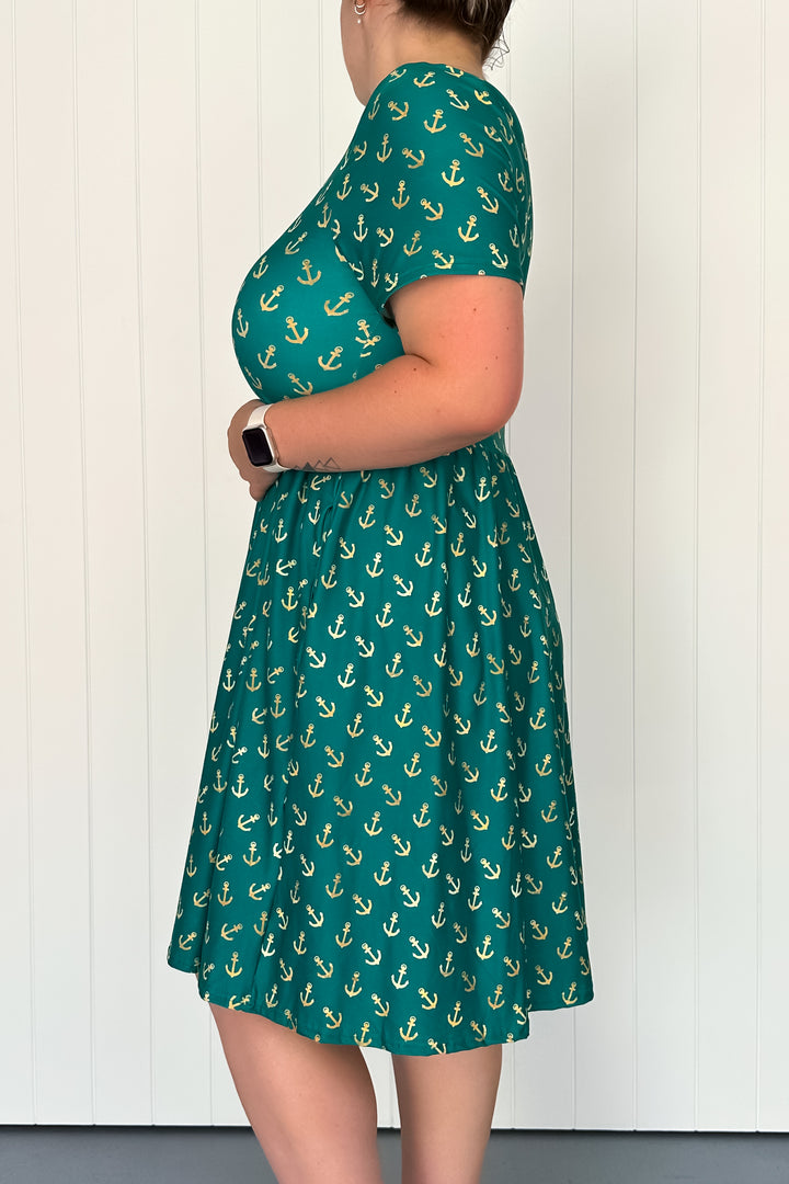 Teal & Gold Anchor Charm - Knee Length Dress - Short Sleeve - Pockets