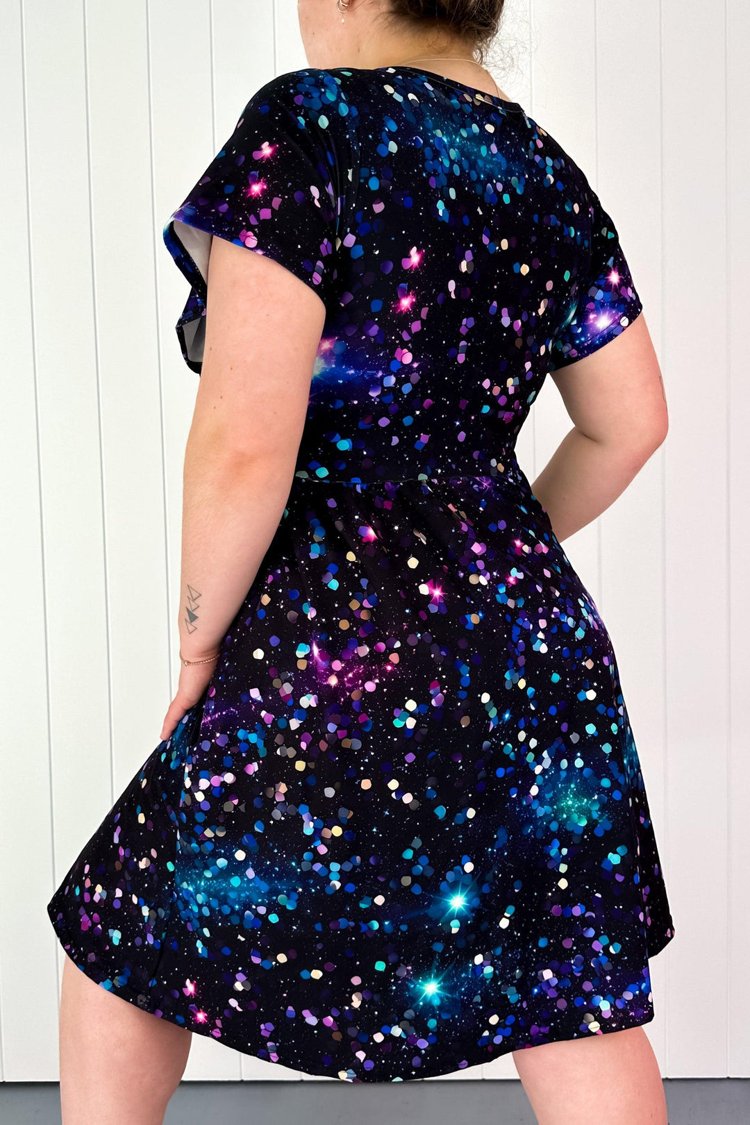 Sparkle Universe - Flutter Sleeve Skater Dress - Knee Length - Pockets