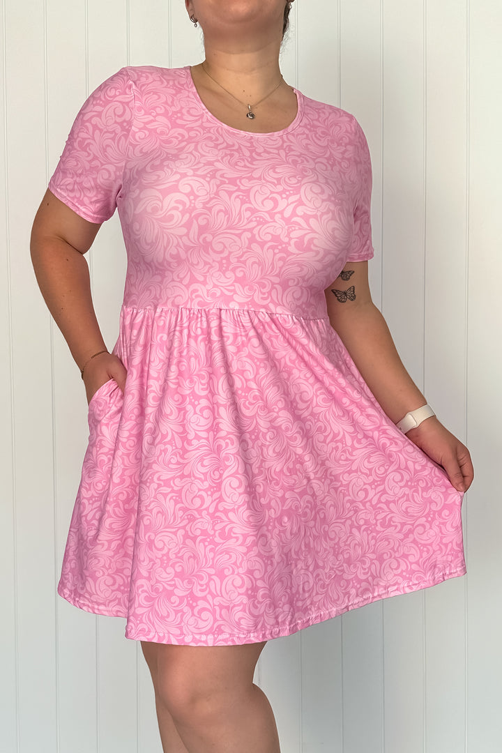 Pink Damask - Mini Dress - Short Sleeve - Pockets