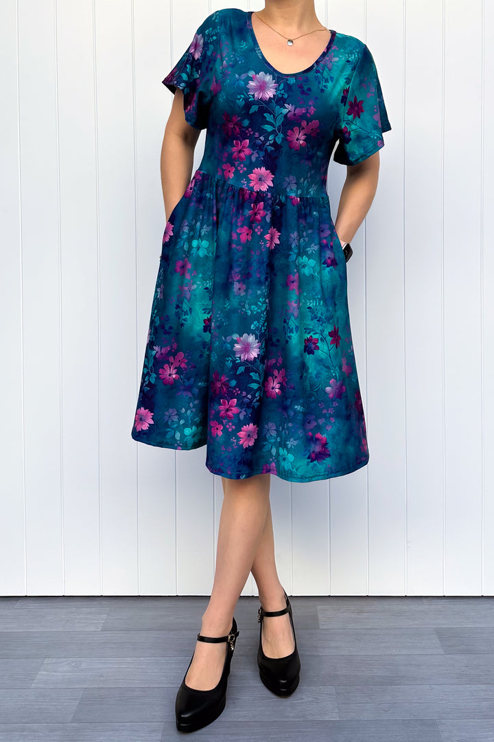 Ethereal Bloom - Knee Length Dress - Flutter Sleeve - Pockets