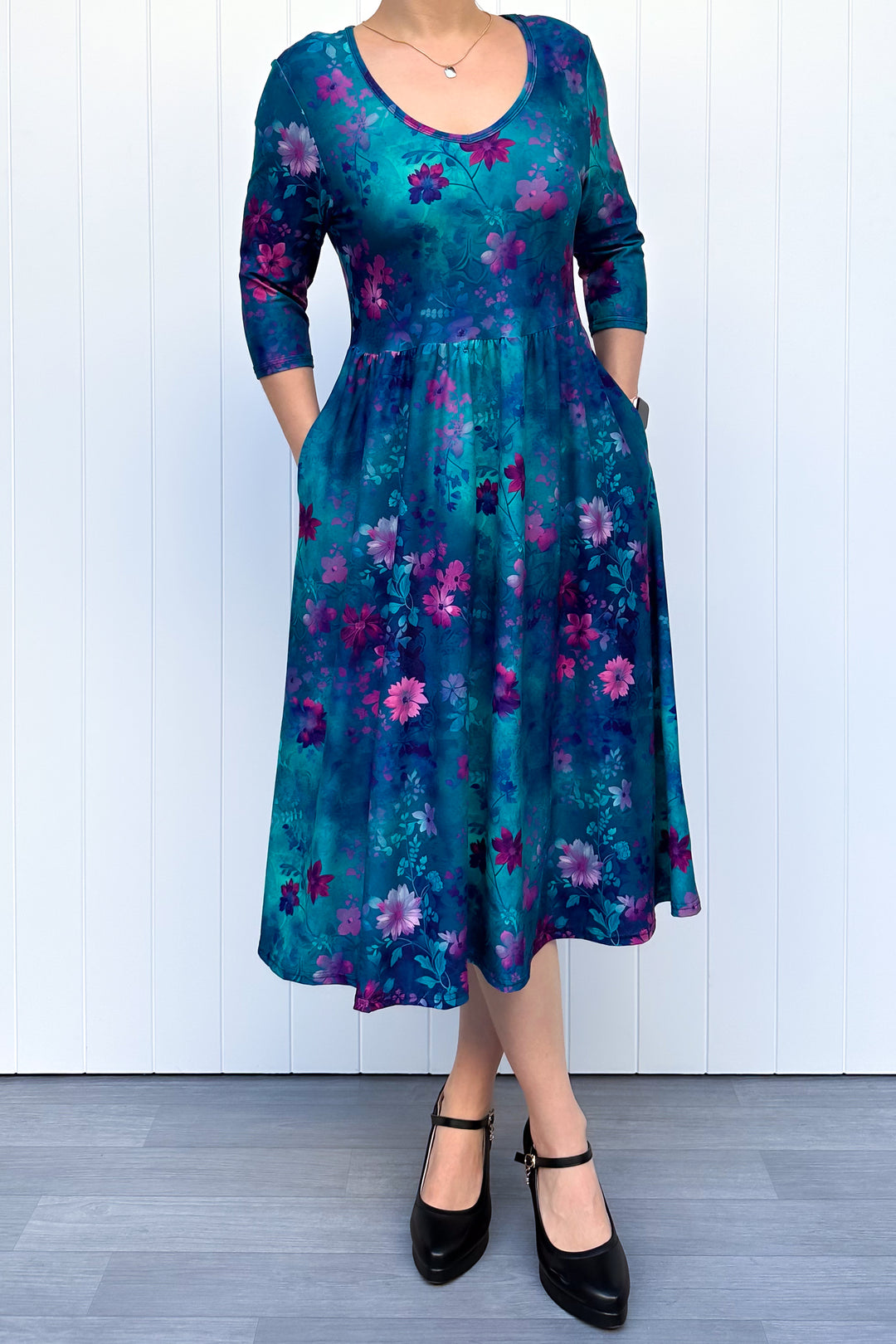 Ethereal Bloom - Midi Dress - 3/4 Sleeve - Pockets
