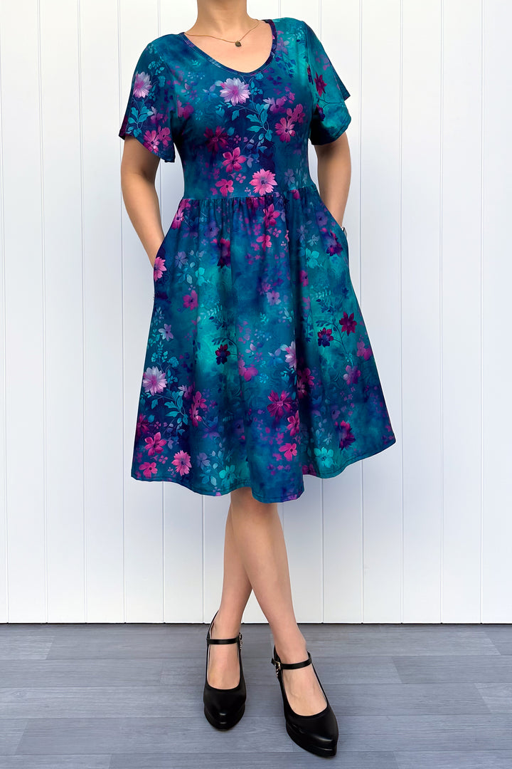 Ethereal Bloom - Knee Length Dress - Flutter Sleeve - Pockets