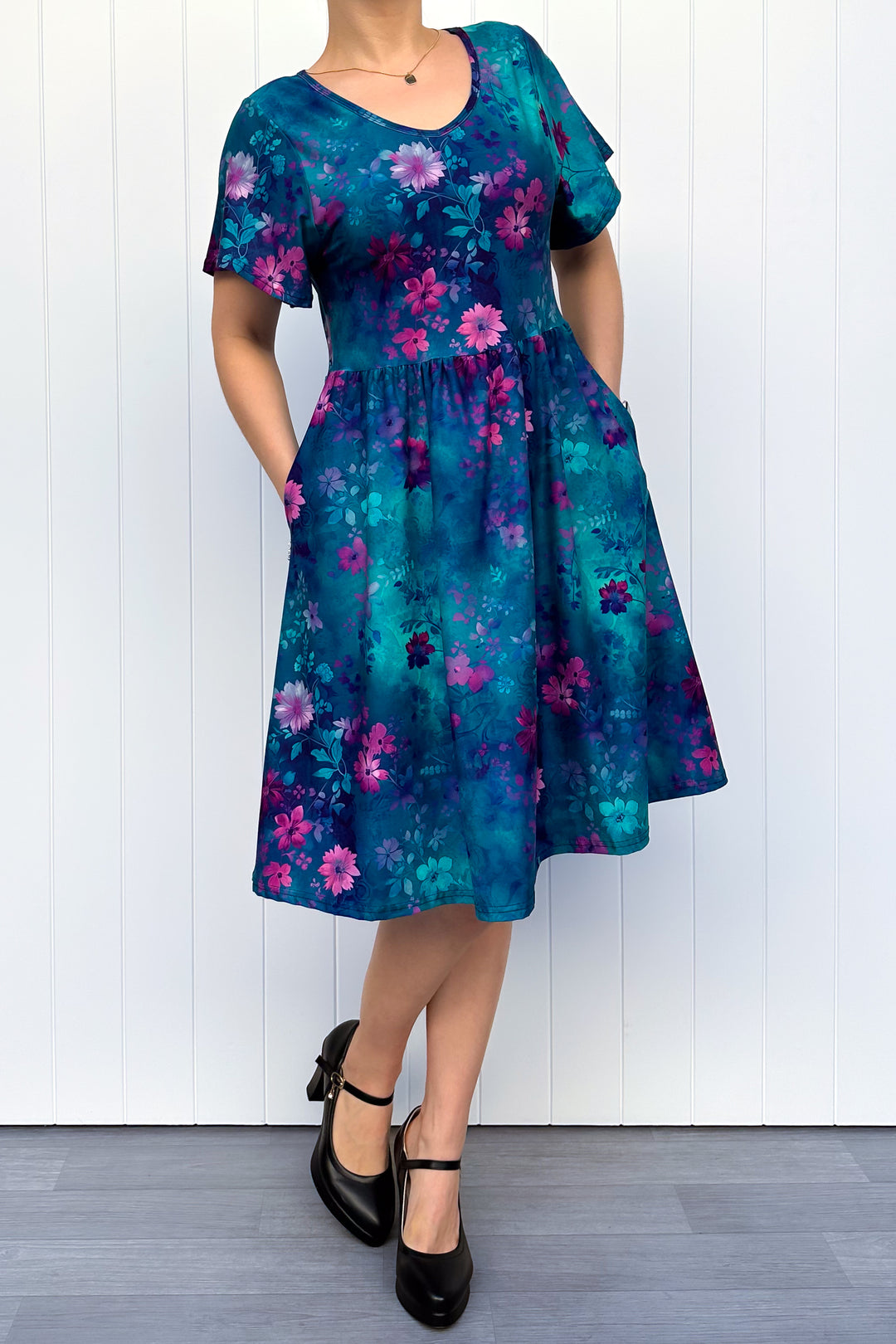 Ethereal Bloom - Knee Length Dress - Flutter Sleeve - Pockets