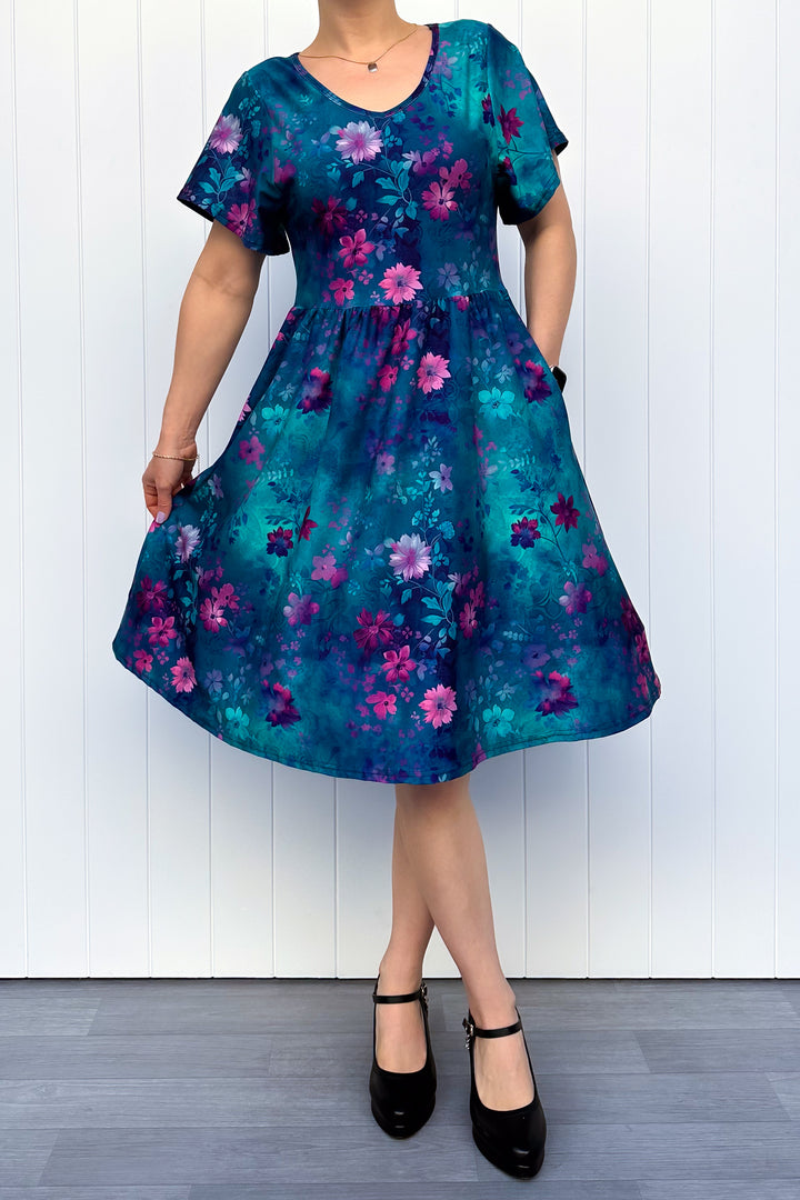 Ethereal Bloom - Knee Length Dress - Flutter Sleeve - Pockets