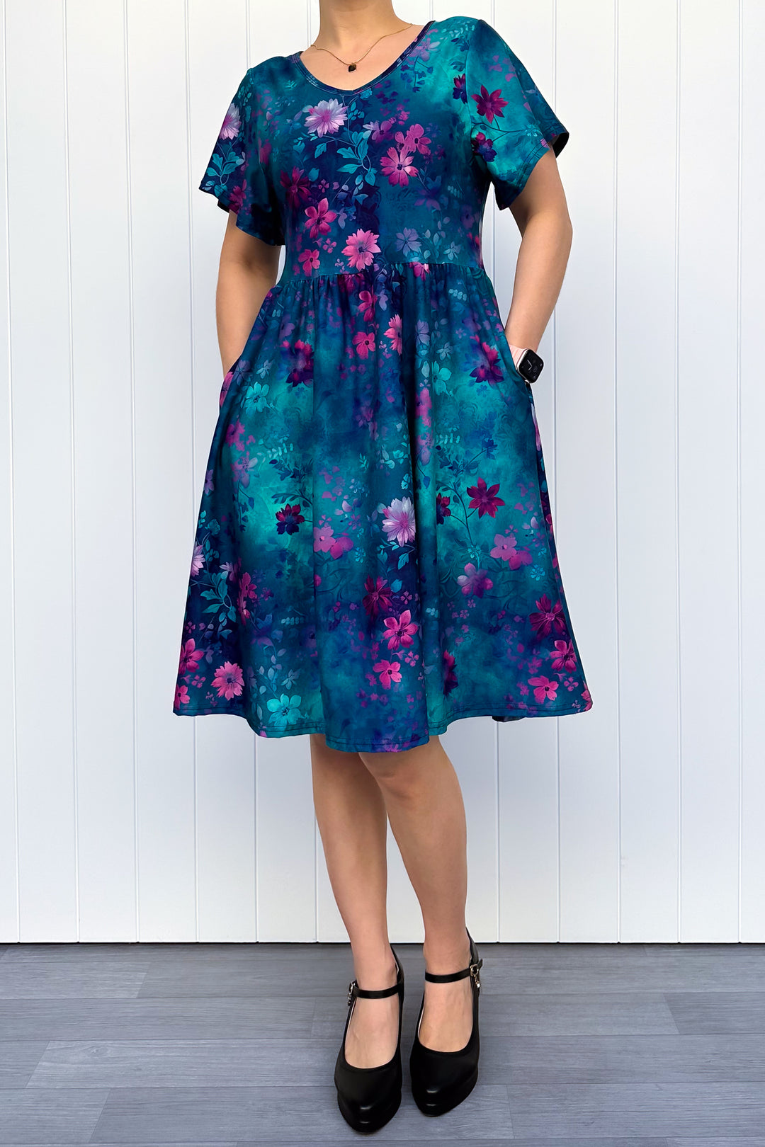 Ethereal Bloom - Knee Length Dress - Flutter Sleeve - Pockets