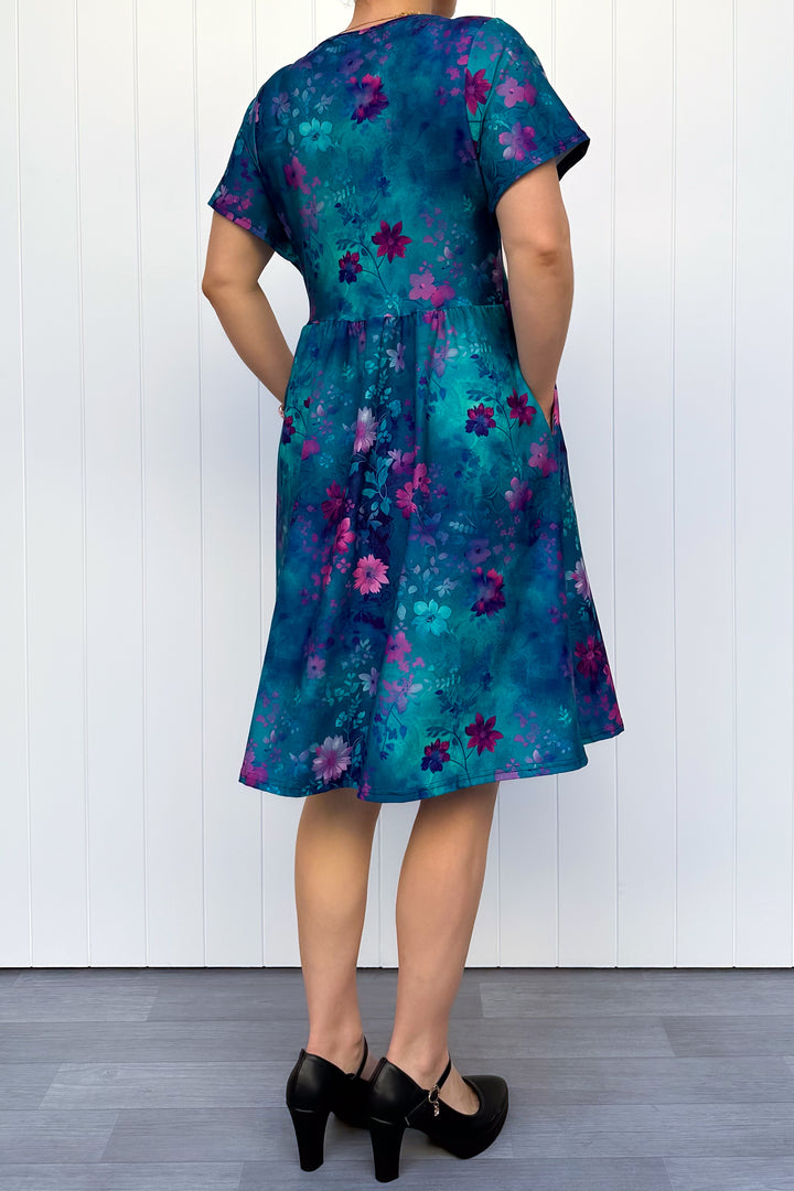 Ethereal Bloom - Knee Length Dress - Flutter Sleeve - Pockets