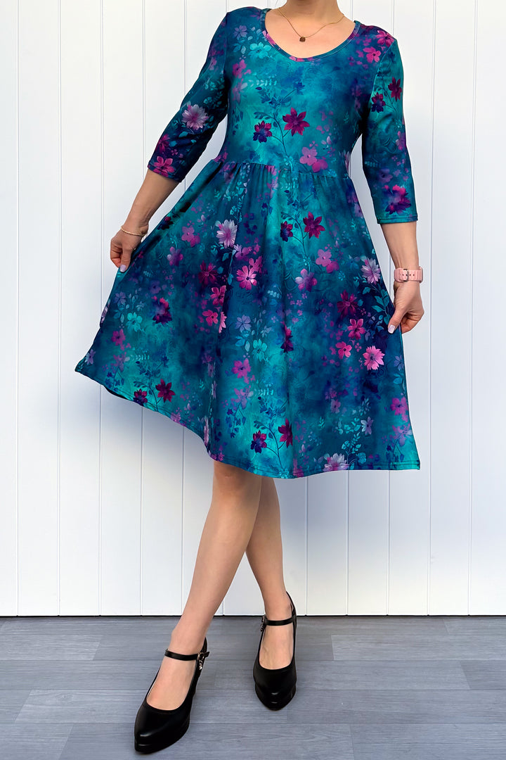 Ethereal Bloom - Knee Length Dress - 3/4 Sleeve - Pockets