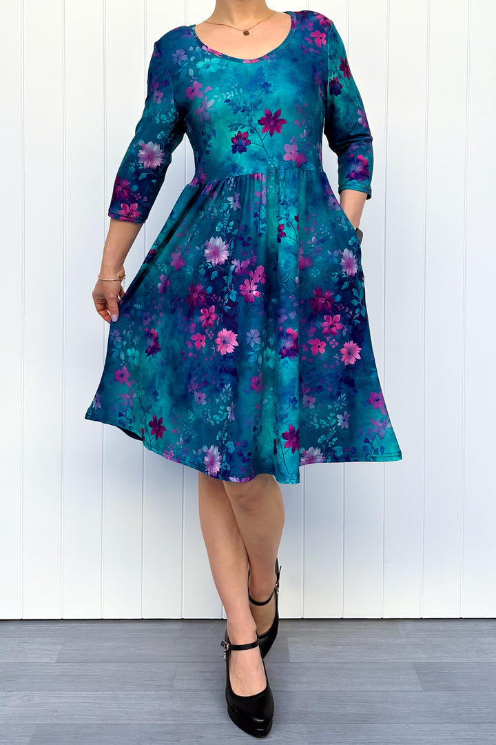 Ethereal Bloom - Knee Length Dress - 3/4 Sleeve - Pockets