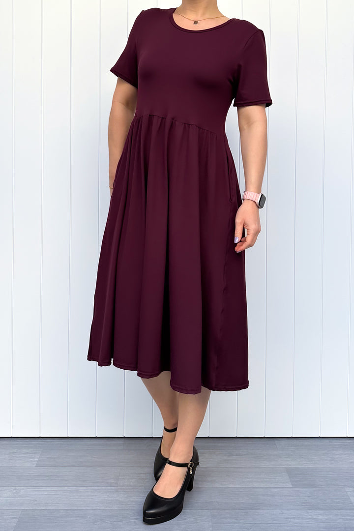 Plum - Midi Dress - Short Sleeve - Pockets