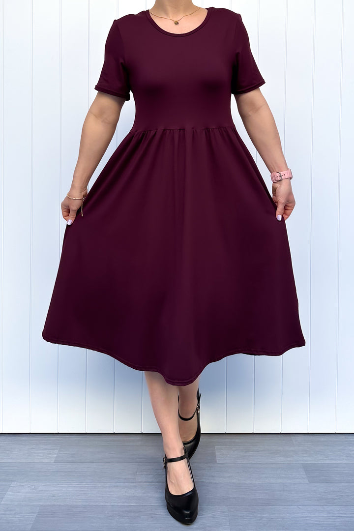 Plum - Midi Dress - Short Sleeve - Pockets