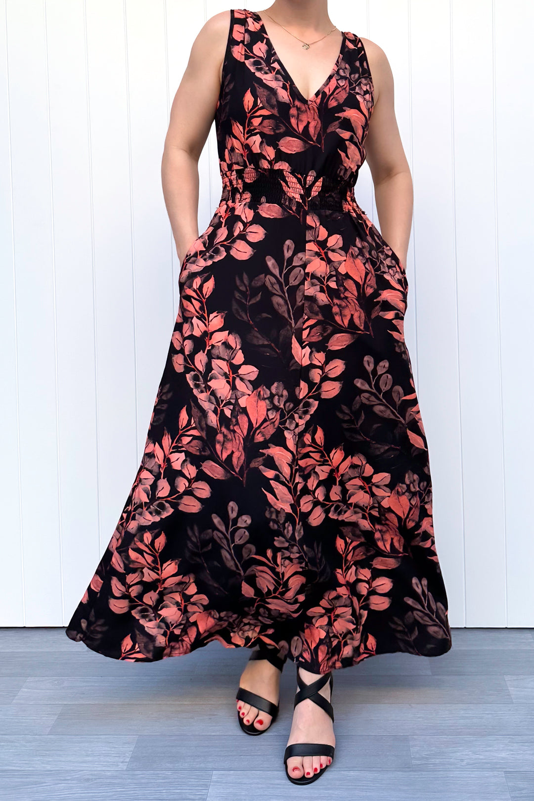 Azalea Maxi Dress - Vintage Watercolour Leaves - Pockets