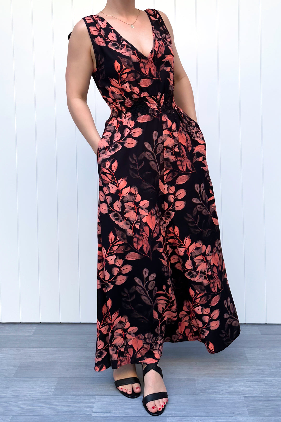 Azalea Maxi Dress - Vintage Watercolour Leaves - Pockets