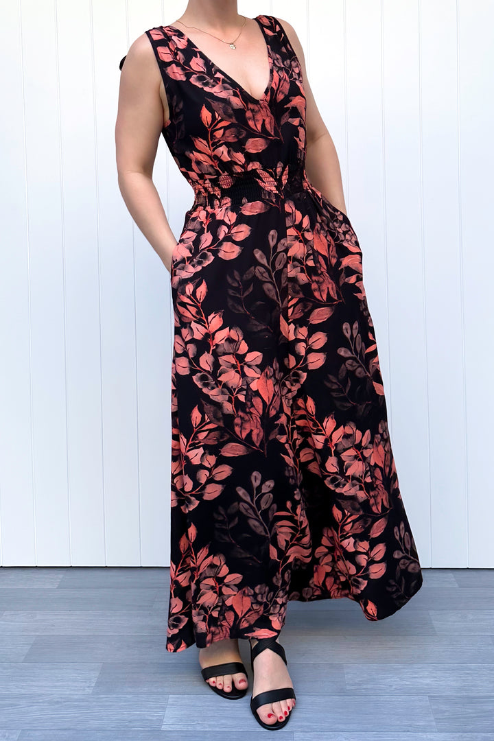 Azalea Maxi Dress - Vintage Watercolour Leaves - Pockets