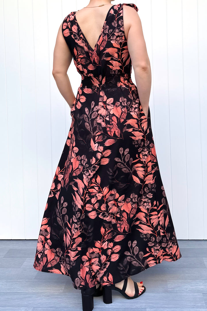 Azalea Maxi Dress - Vintage Watercolour Leaves - Pockets