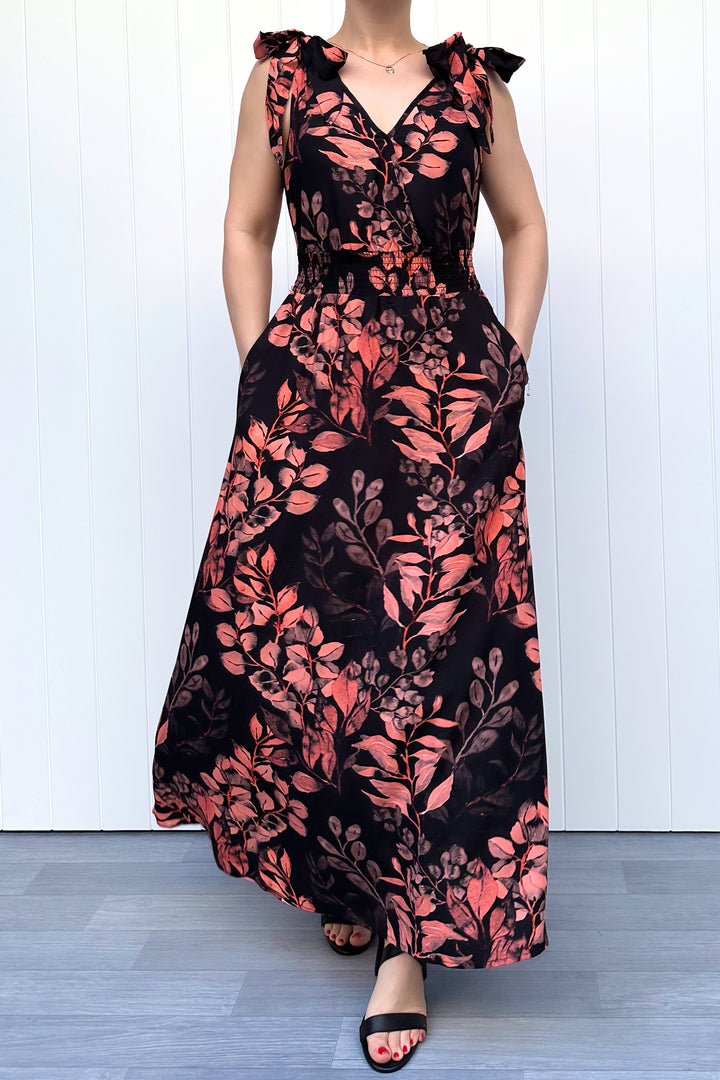 Azalea Maxi Dress - Vintage Watercolour Leaves - Pockets