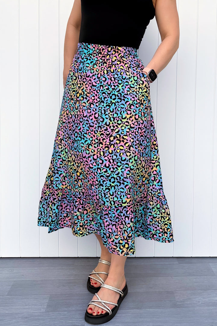 Zinnia Midi Skirt - Vivid Leopard - Pockets