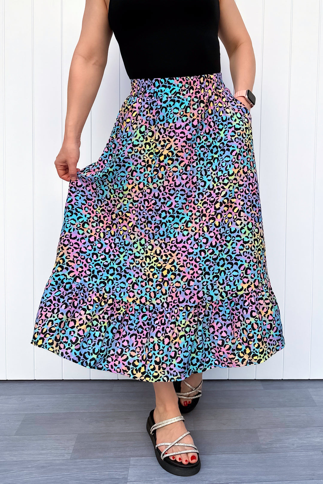 Zinnia Midi Skirt - Vivid Leopard - Pockets